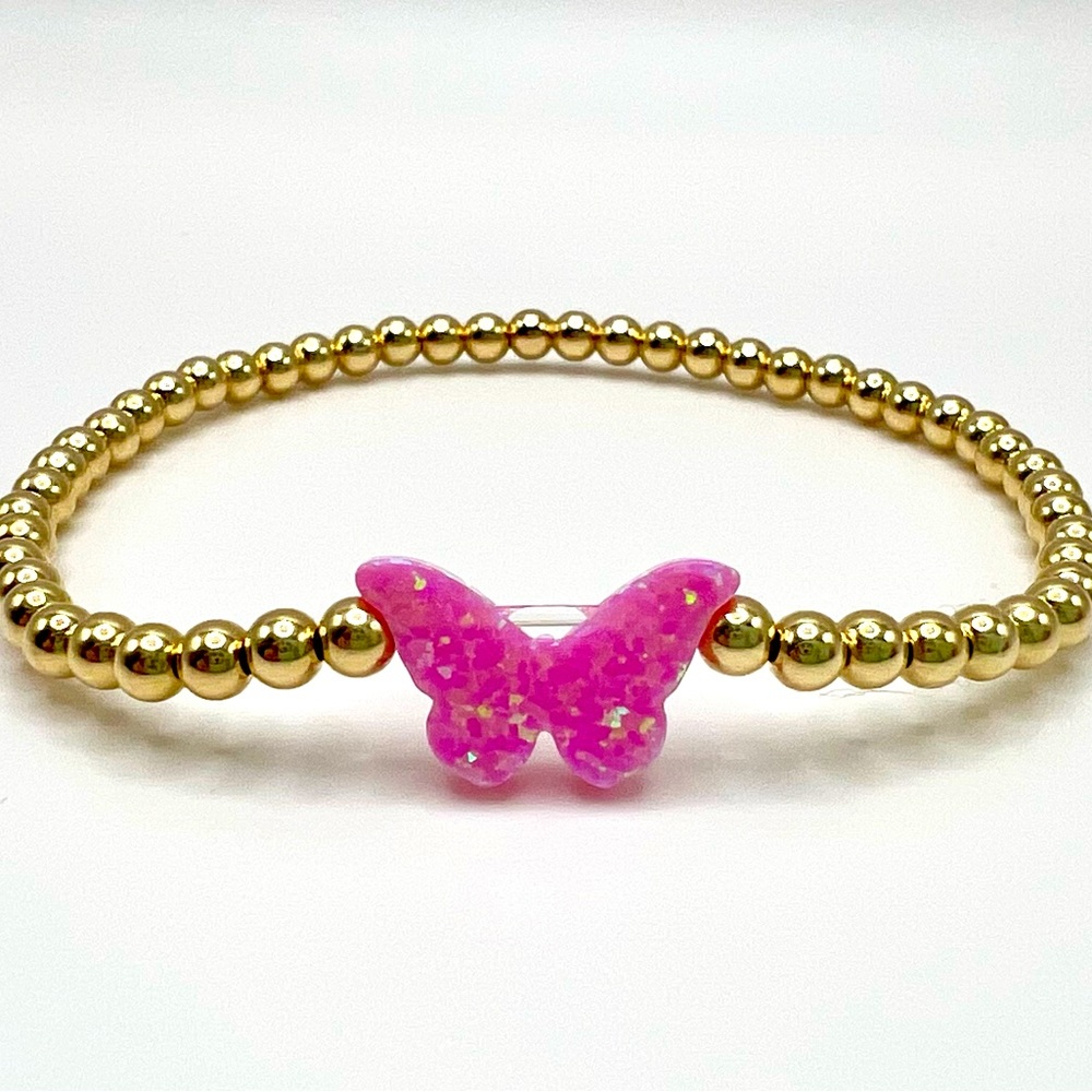 Girls Bracelet made with 14k Gold Filled Beads and Pink Opal Butterfly Charm